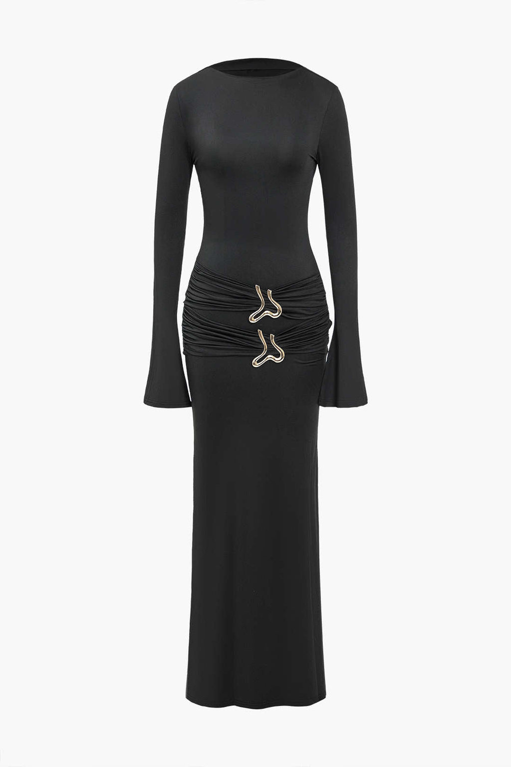 Metal Detaylı Dantelli Uzun Kollu Midi Elbise