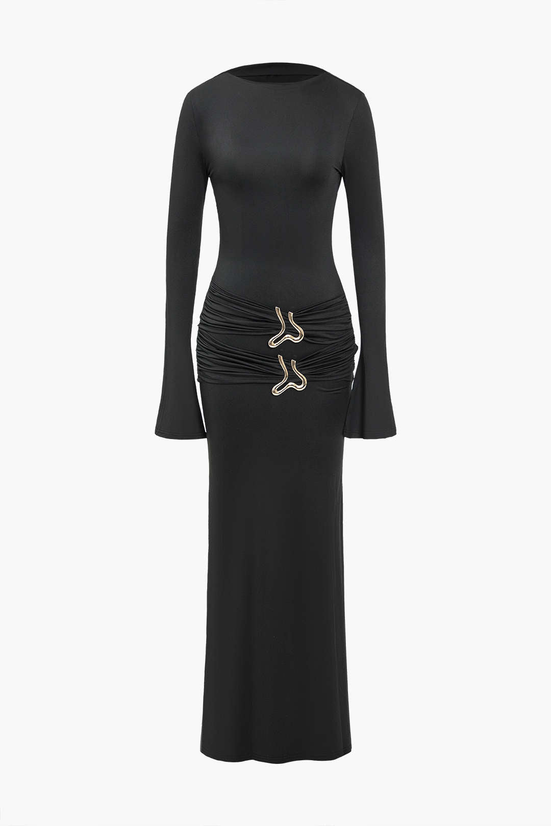 Metal Detaylı Dantelli Uzun Kollu Midi Elbise