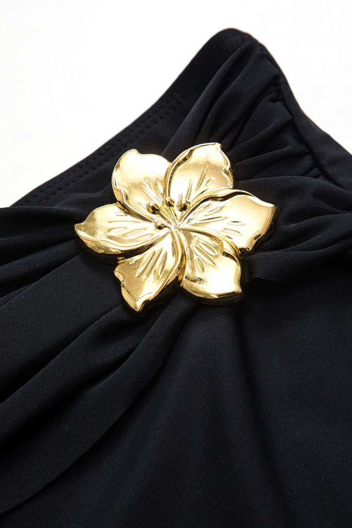 Metalik Dekorlu Volanlı Büzgülü Bağlamalı Şifon Bikini Takımı