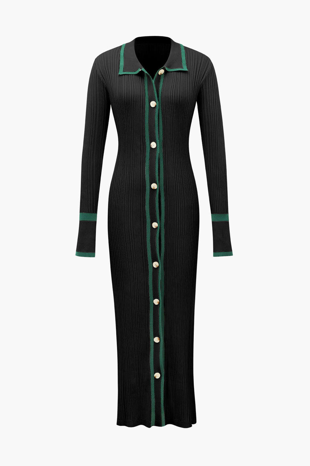 Kontrast Kenarlı Düğmeli Örme maksi Elbise