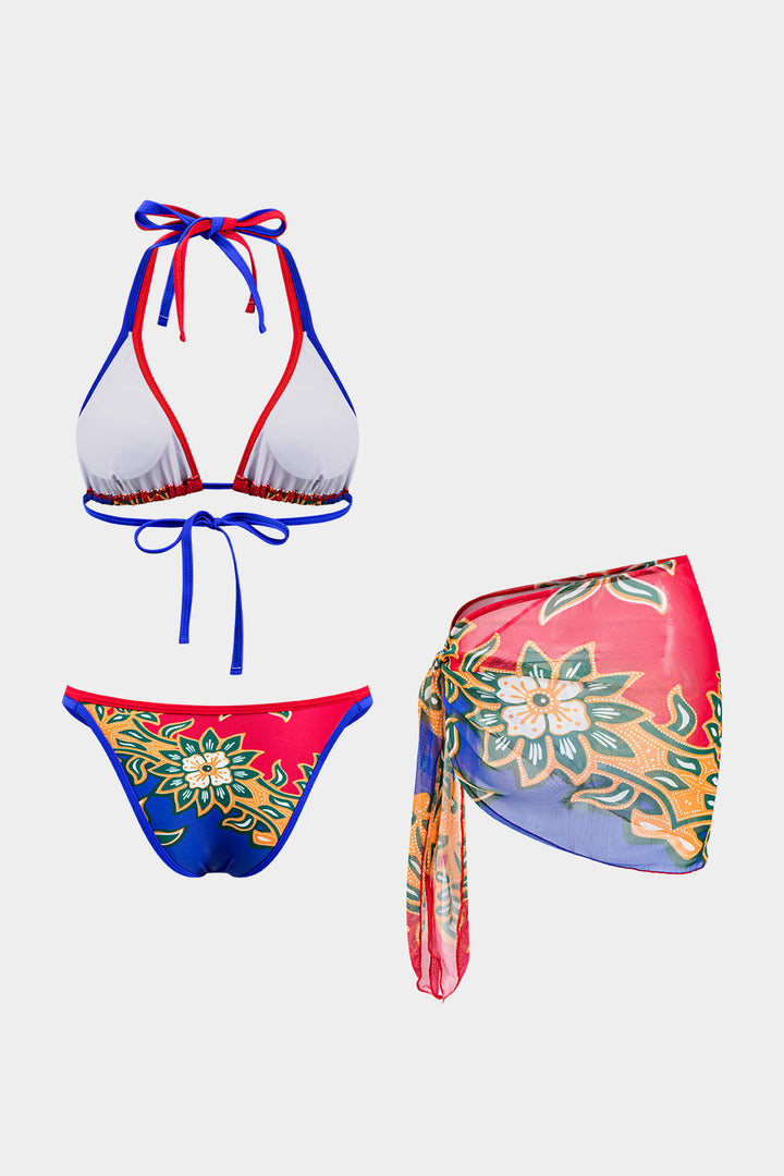 Çiçek Desenli Büzgülü Bağlamalı Bikini ve Mayo Eteği Pareo Takım