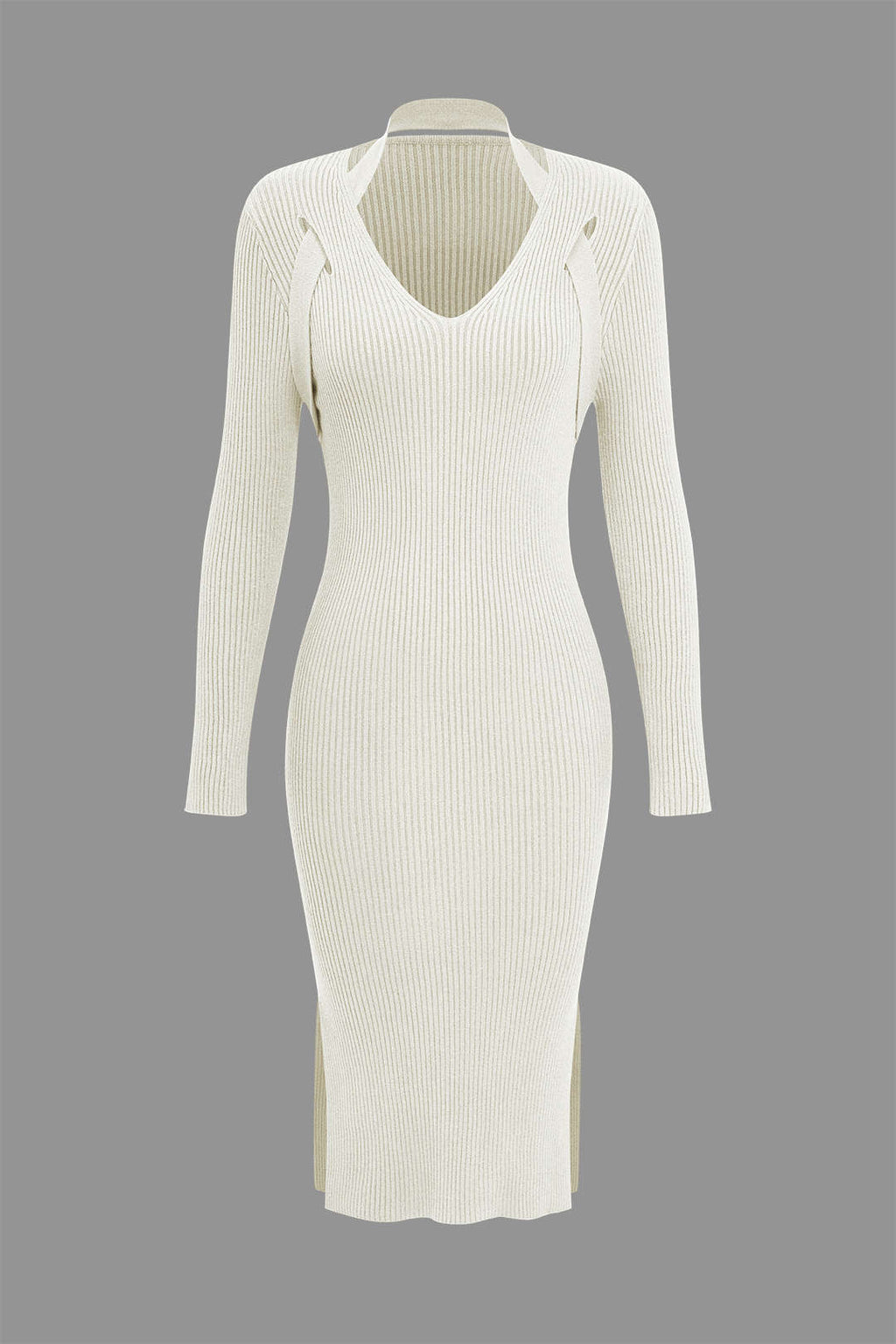 Temel Katı Çapraz Uzun Kollu Kazak Midi Elbise