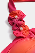 Ombre Desenli 3D Çiçek İnci Detaylı Büzgülü Bağlamalı Bikini Takımı