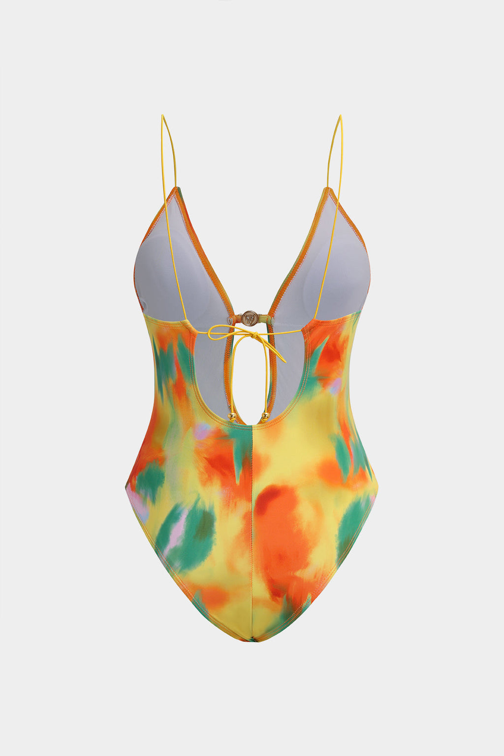 Kontrast Desenli Metal Boncuklu Sırt Dekolteli Bağlamalı Şifon Karın Toparlayıcı Tek Parça Mayo