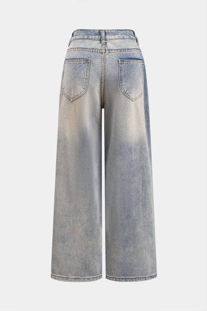 Solmuş Denim Pileli Düğmeli Cep Detaylı Geniş Paça Jean