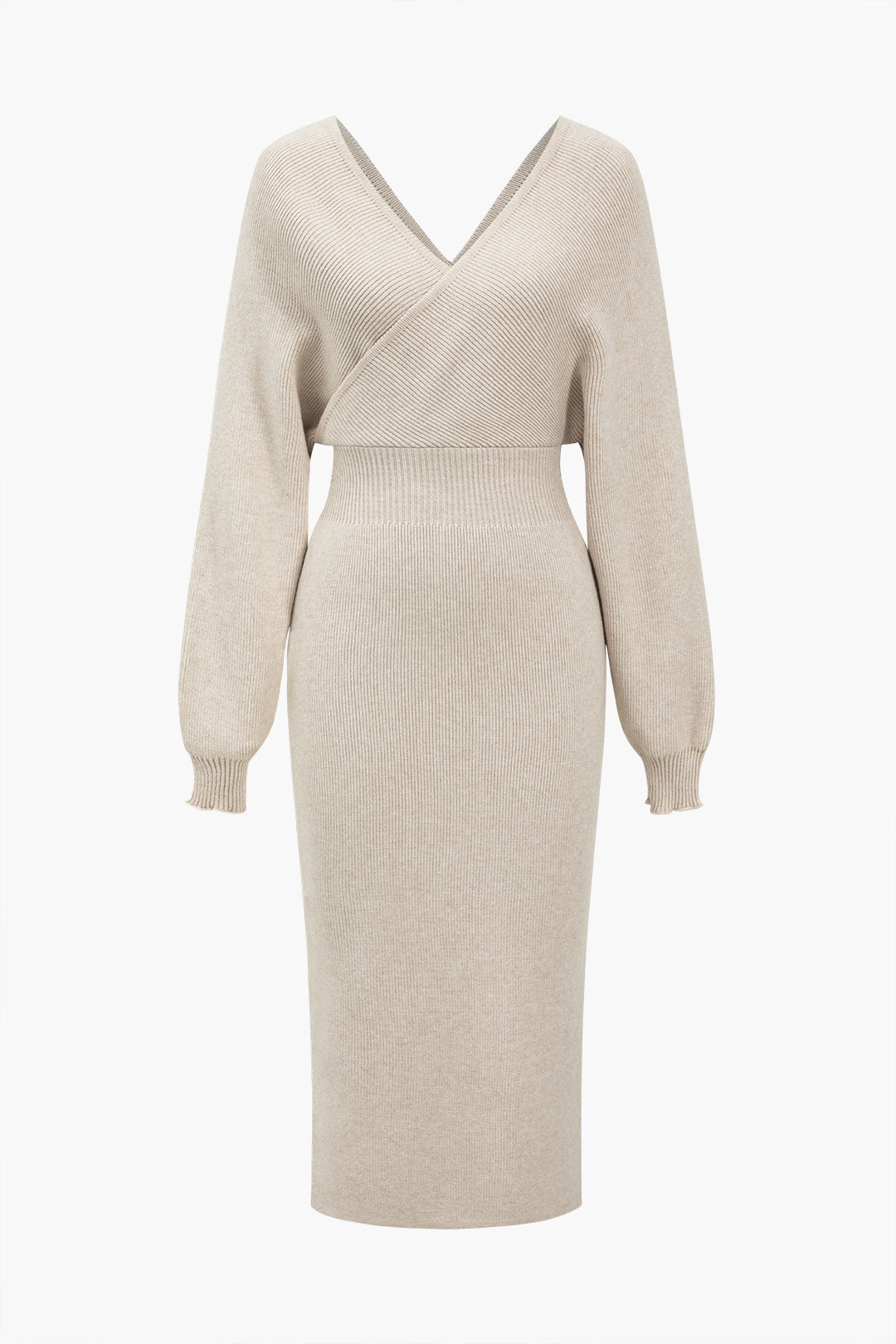 Örgü Uzun Kollu V Yaka Yırtmaçlı midi Elbise