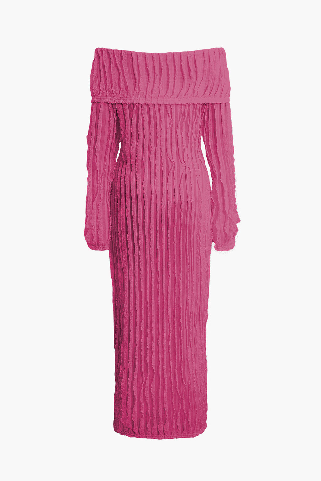 Düşük Omuzlu Dokulu Düğmeli Yırtmaçlı Uzun Kollu maksi Elbise