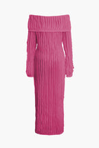 Düşük Omuzlu Dokulu Düğmeli Yırtmaçlı Uzun Kollu maksi Elbise