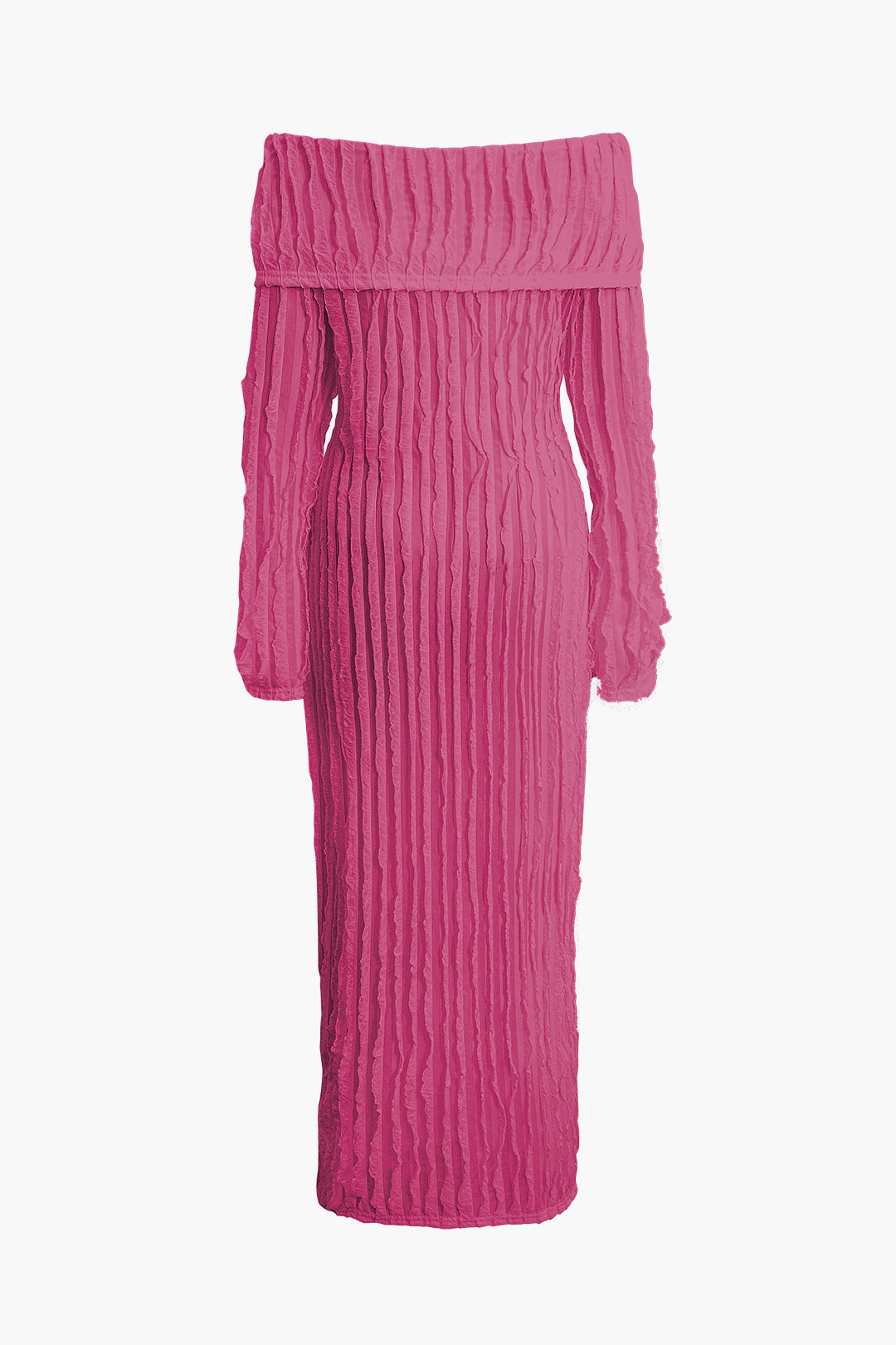 Düşük Omuzlu Dokulu Düğmeli Yırtmaçlı Uzun Kollu maksi Elbise