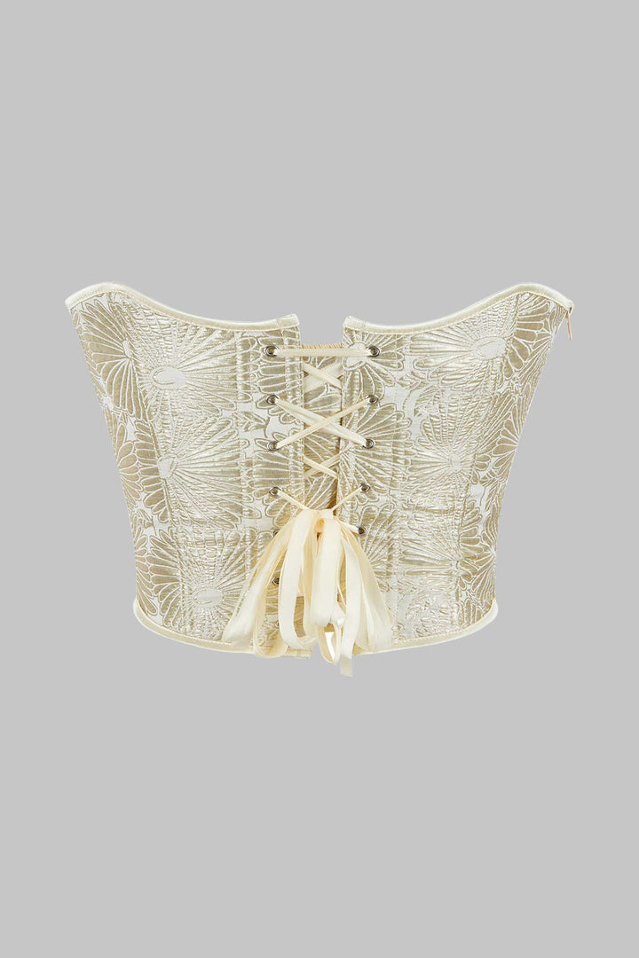 Çiçek Desenli Bağcıklı ve Fermuarlı Korseli Straplez Üst