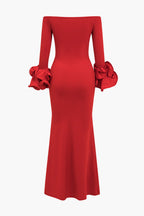 Düz Düşük Omuz Yan Yırtmaçlı maksi Elbise