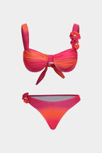 Ombre Desenli 3D Çiçek İnci Detaylı Büzgülü Bağlamalı Bikini Takımı
