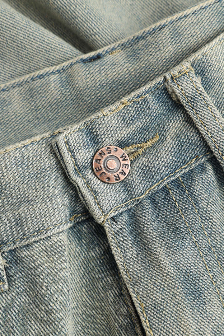 Denim Kesik Detaylı Düğmeli Cep Geniş Paça Jean
