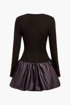 Pu Patchwork Dantelli Kare Yaka Mini Elbise