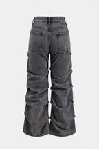 Denim Büzgülü Düğmeli Cep Detaylı Geniş Paça Jean