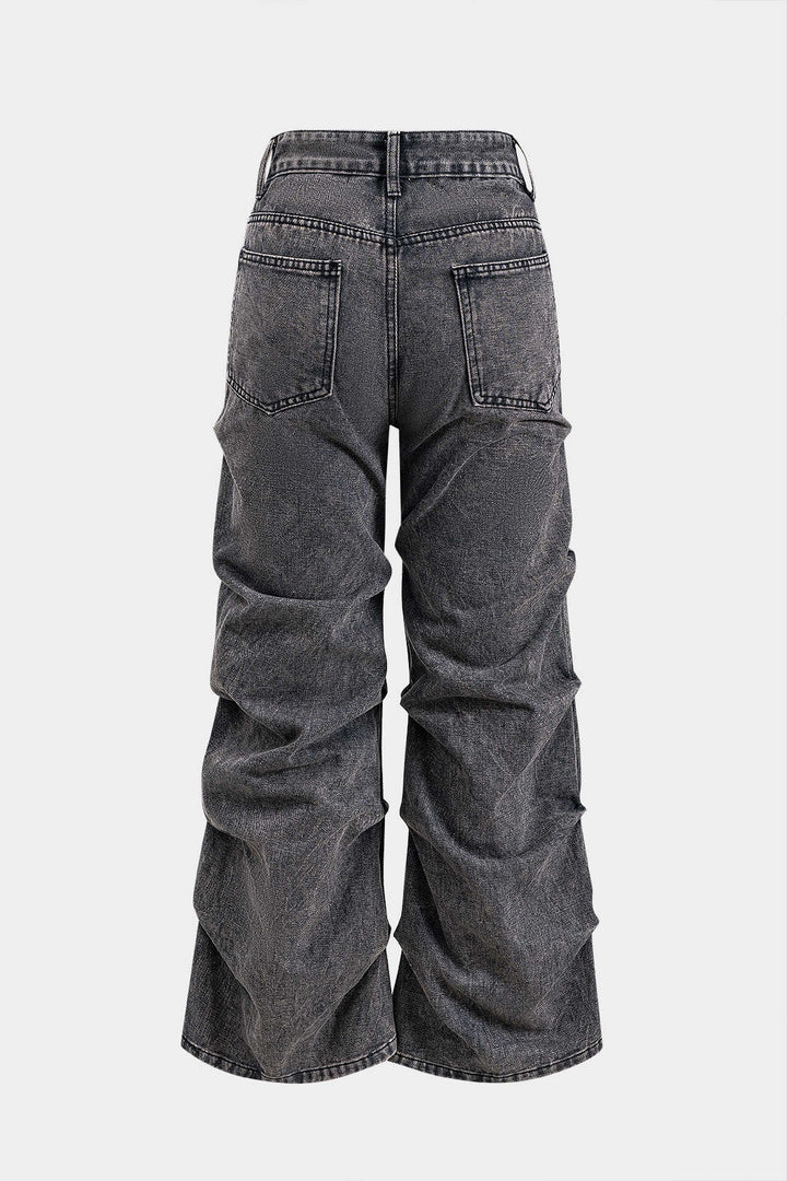 Denim Büzgülü Düğmeli Cep Detaylı Geniş Paça Jean