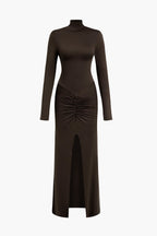 Düz Dantelli Balıkçı Yaka Yırtmaçlı maksi Elbise