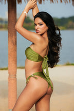 Metalik Strass Büzgülü Bağlamalı Sırt Dekolteli Bikini Takımı