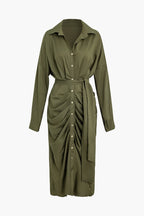 Katı Düğme Uzun Kollu Midi Elbise