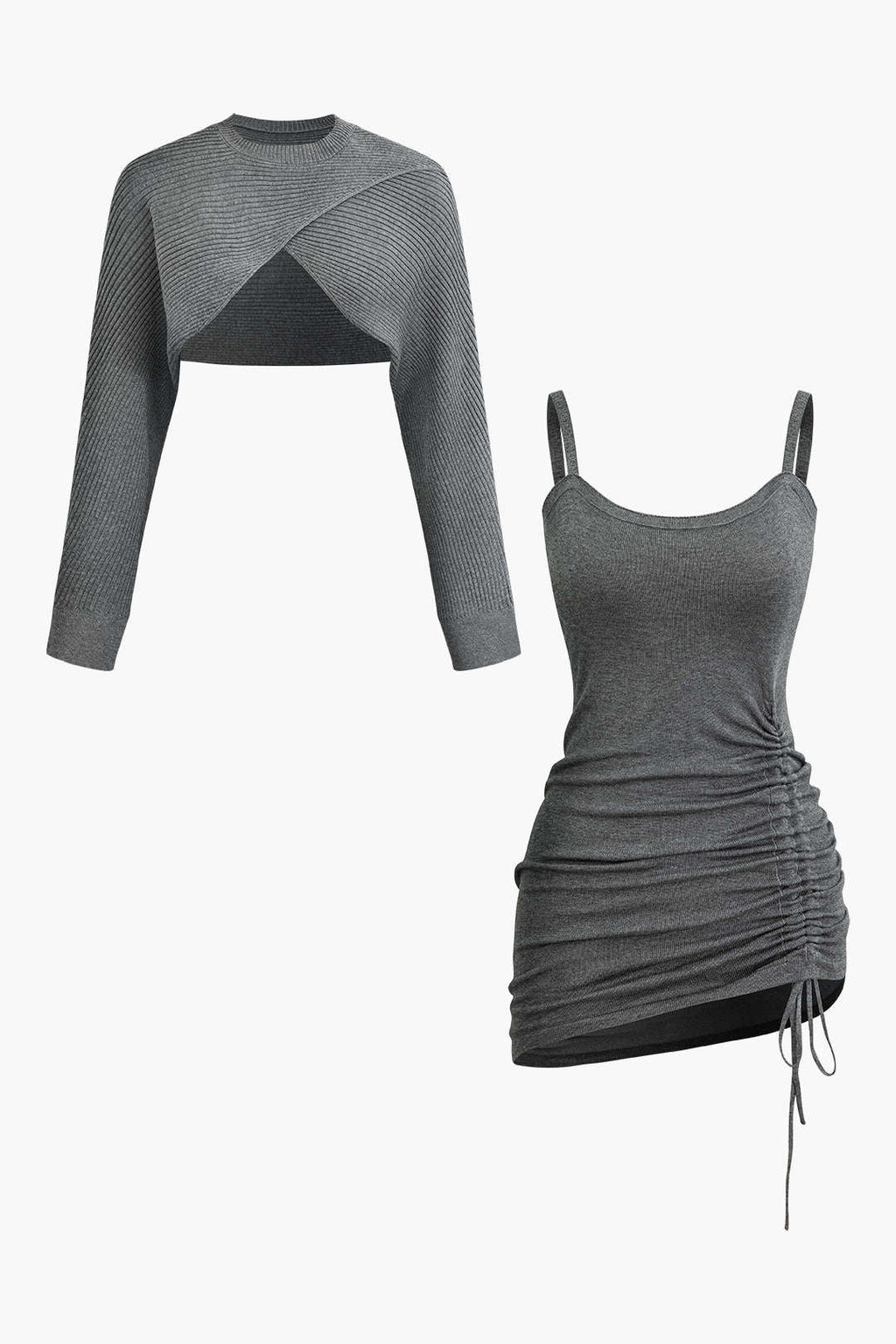 Çapraz Kesim Crop Top Ve Asimetrik Büzgülü Mini Elbise Takımı
