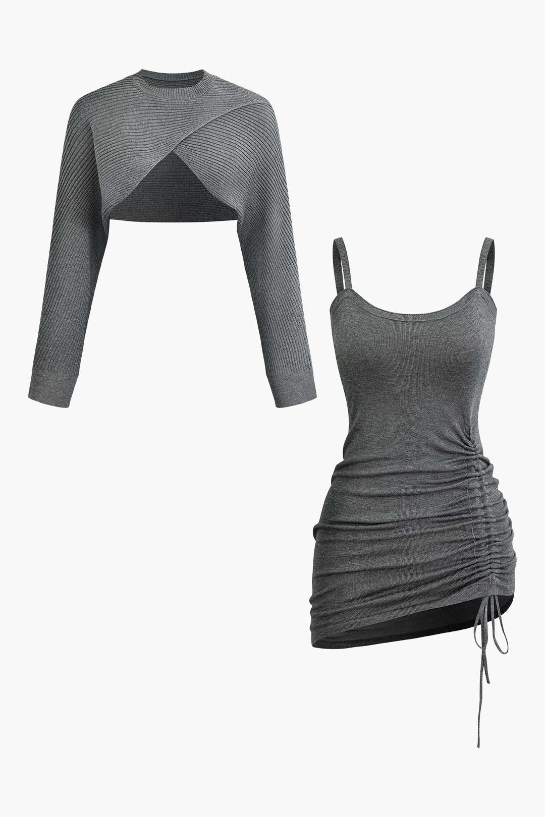 Çapraz Kesim Crop Top Ve Asimetrik Büzgülü Mini Elbise Takımı