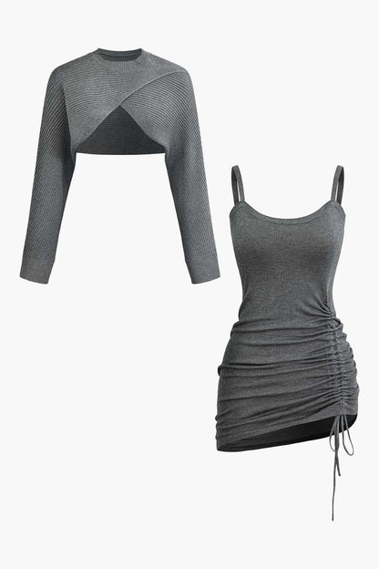 Çapraz Kesim Crop Top Ve Asimetrik Büzgülü Mini Elbise Takımı