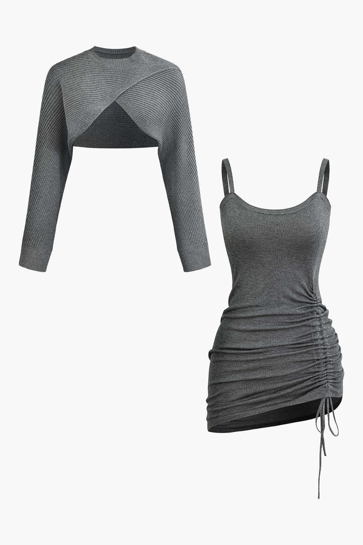 Çapraz Kesim Crop Top Ve Asimetrik Büzgülü Mini Elbise Takımı