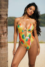 Kontrast Desenli Metal Boncuklu Sırt Dekolteli Bağlamalı Şifon Karın Toparlayıcı Tek Parça Mayo