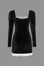 Kontrast Kadife Düğmeli Asimetrik Mini Elbise