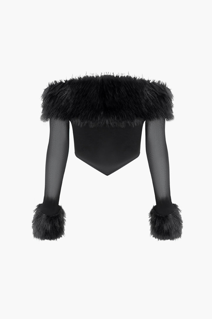 Kürk Detaylı Düşük Omuz Korse Crop Top