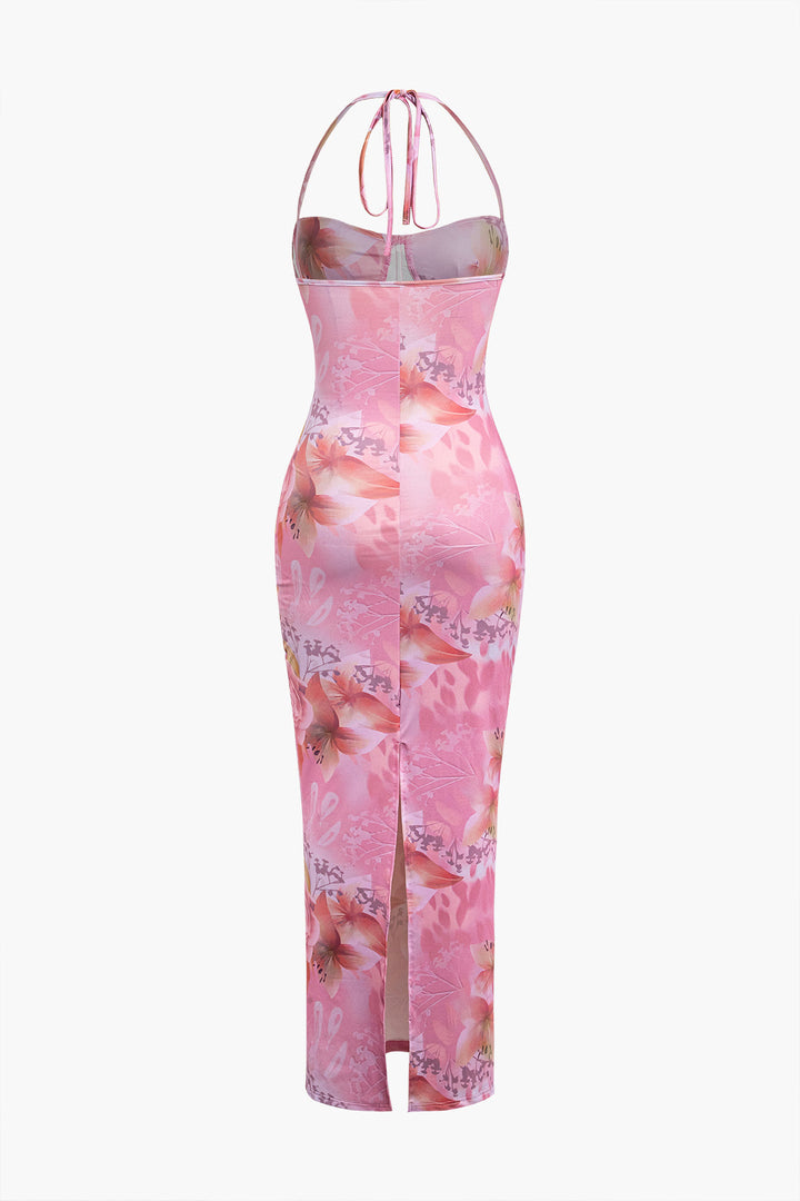 Çiçek Desenli Halter Yaka Yırtmaçlı Korse Midi Elbise