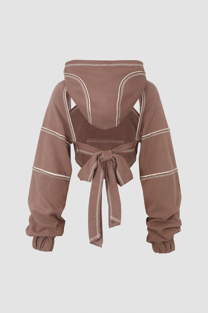 Üst Dikişli Sırtı Açık Kesikli Kapüşonlu Üst