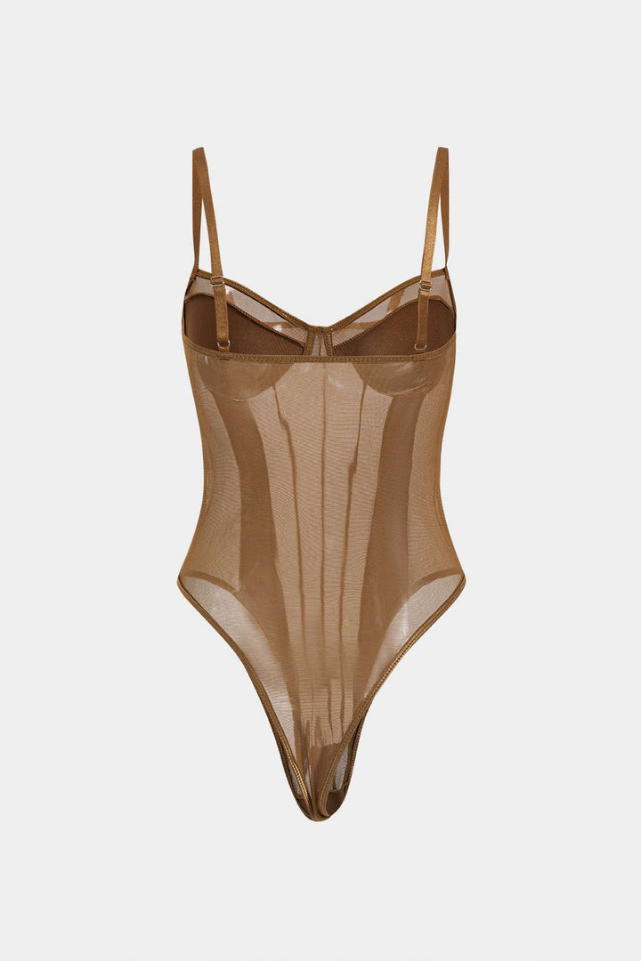 Ağ Detaylı Sırt Açık Şeffaf Patchwork Korseli Askılı Bodysuit