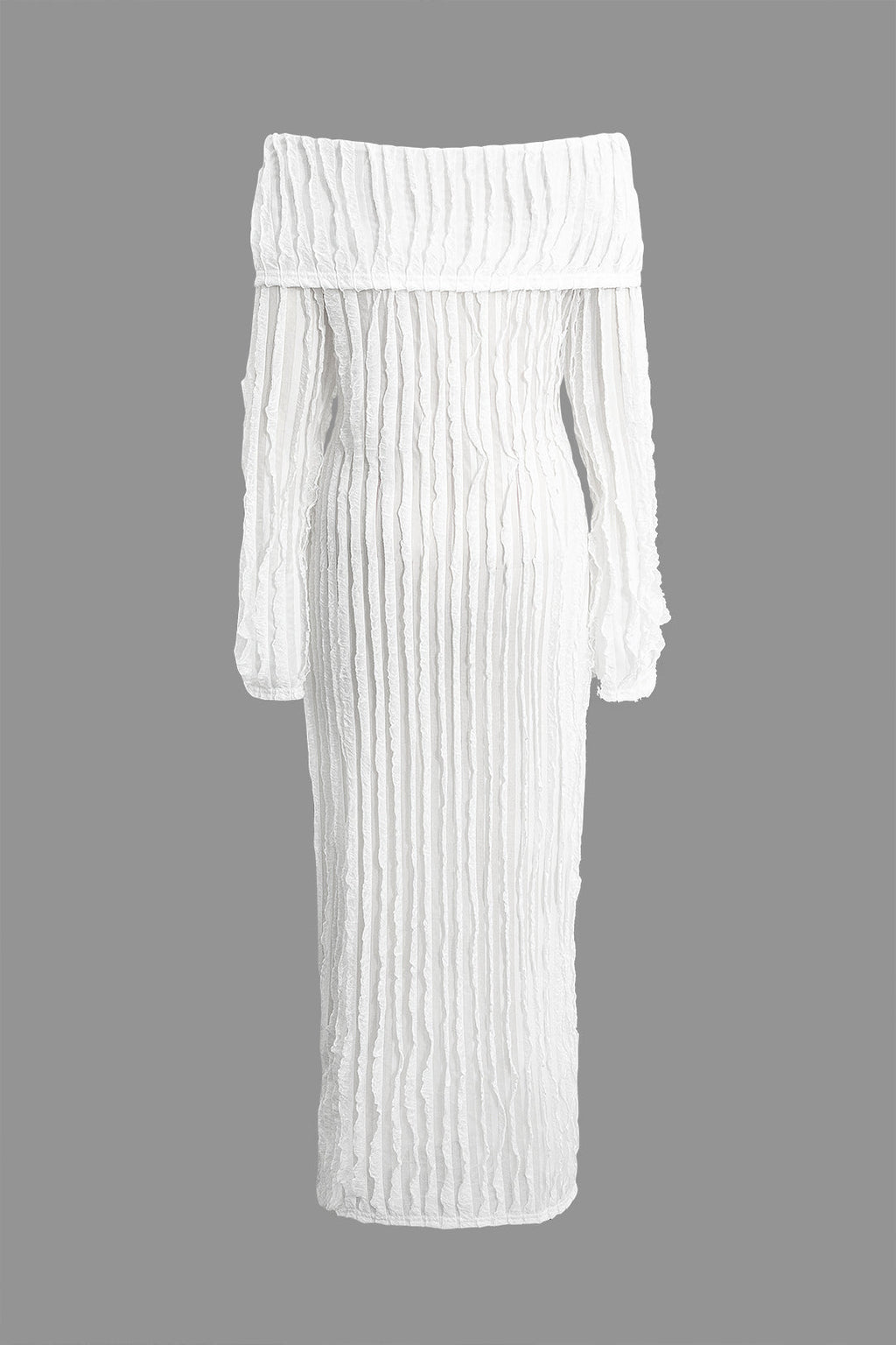 Düşük Omuzlu Dokulu Düğmeli Yırtmaçlı Uzun Kollu maksi Elbise