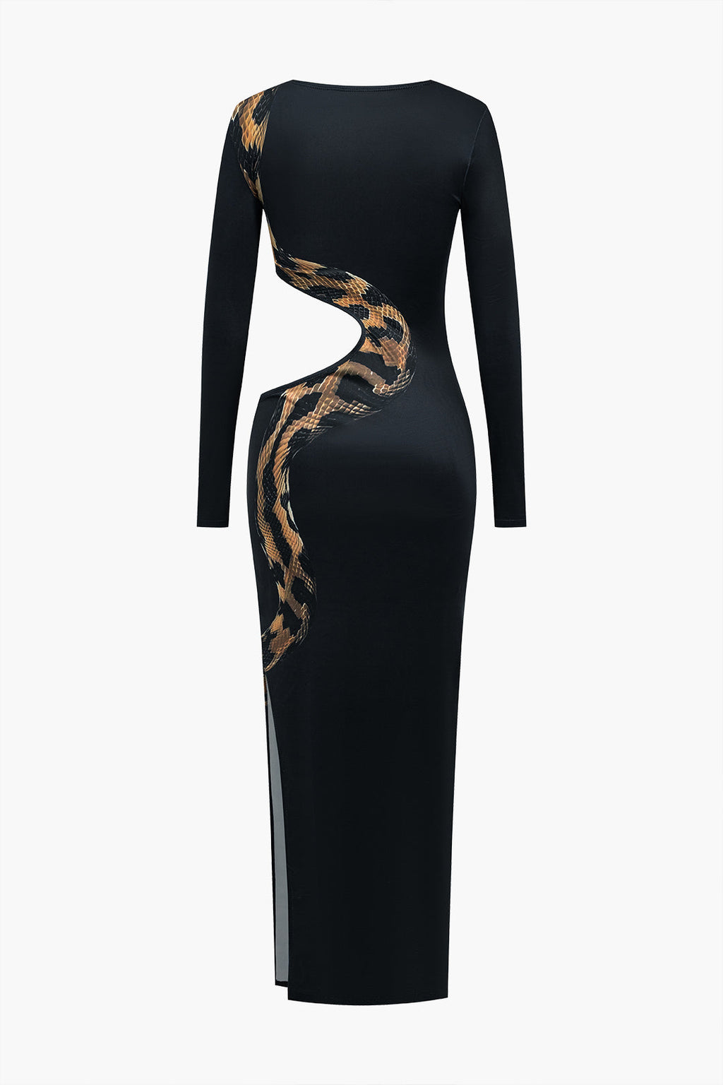 Yılan Desenli Uzun Kollu Yırtmaçlı maksi Elbise