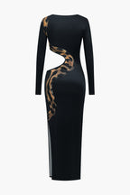 Yılan Desenli Uzun Kollu Yırtmaçlı maksi Elbise