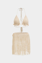 Tüy Detaylı İnce Askılı Kroşe Bikini Takımı