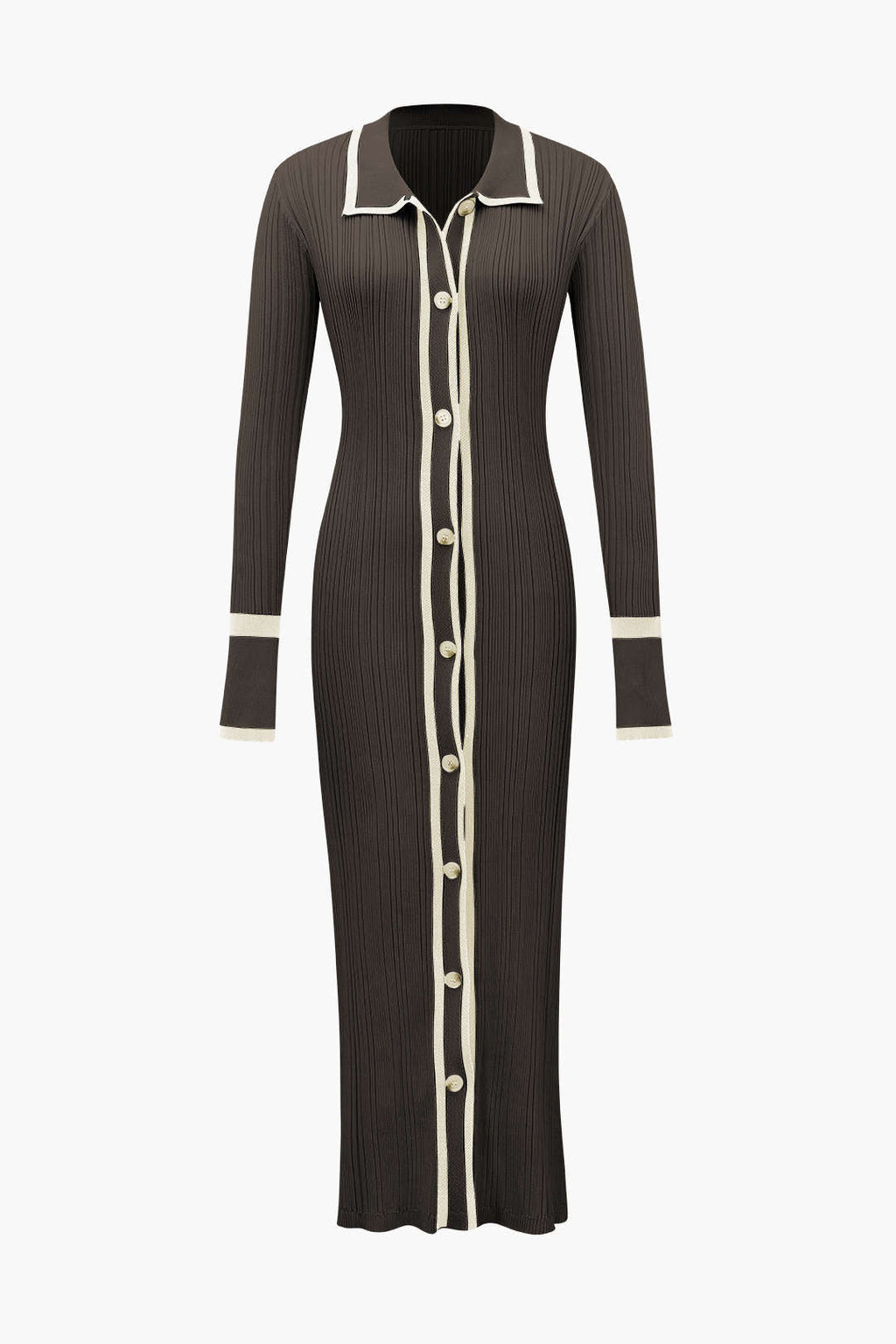 Kontrast Kenarlı Düğmeli Örme maksi Elbise