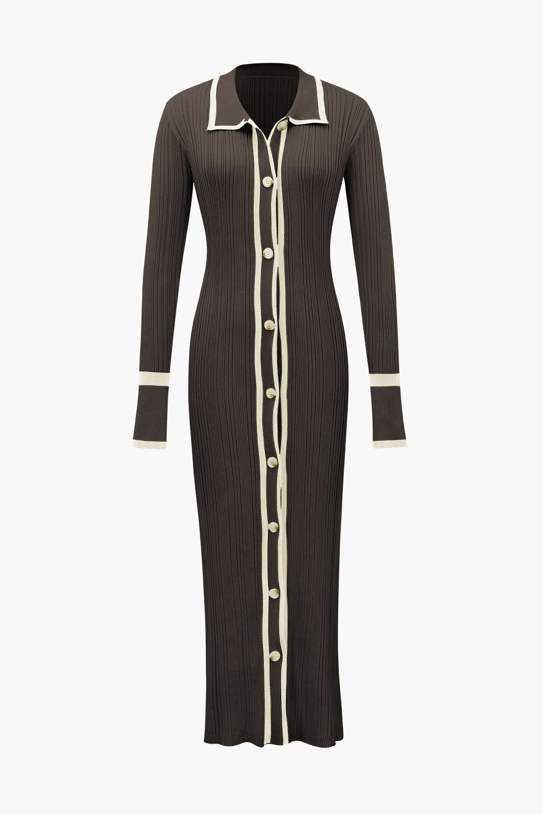 Kontrast Kenarlı Düğmeli Örme maksi Elbise