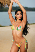 Kontrast Metal Büzgülü Boncuk Detaylı Bağlamalı Bikini Takımı