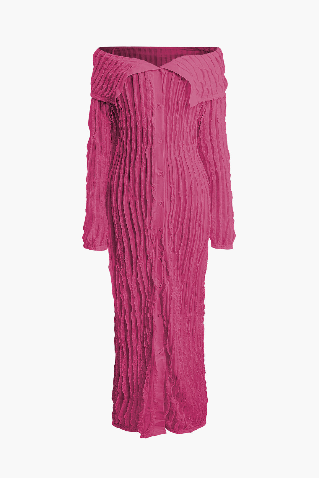 Düşük Omuzlu Dokulu Düğmeli Yırtmaçlı Uzun Kollu maksi Elbise