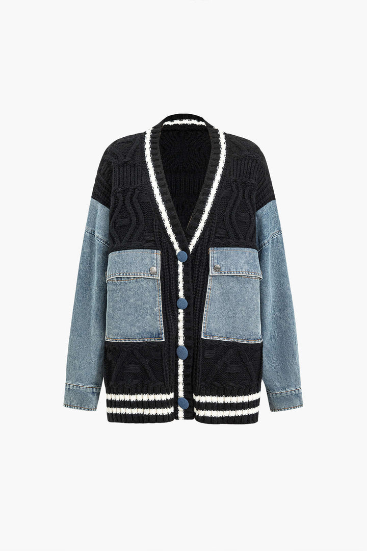 Düğmeli Patchwork Cep Kazak Hırka