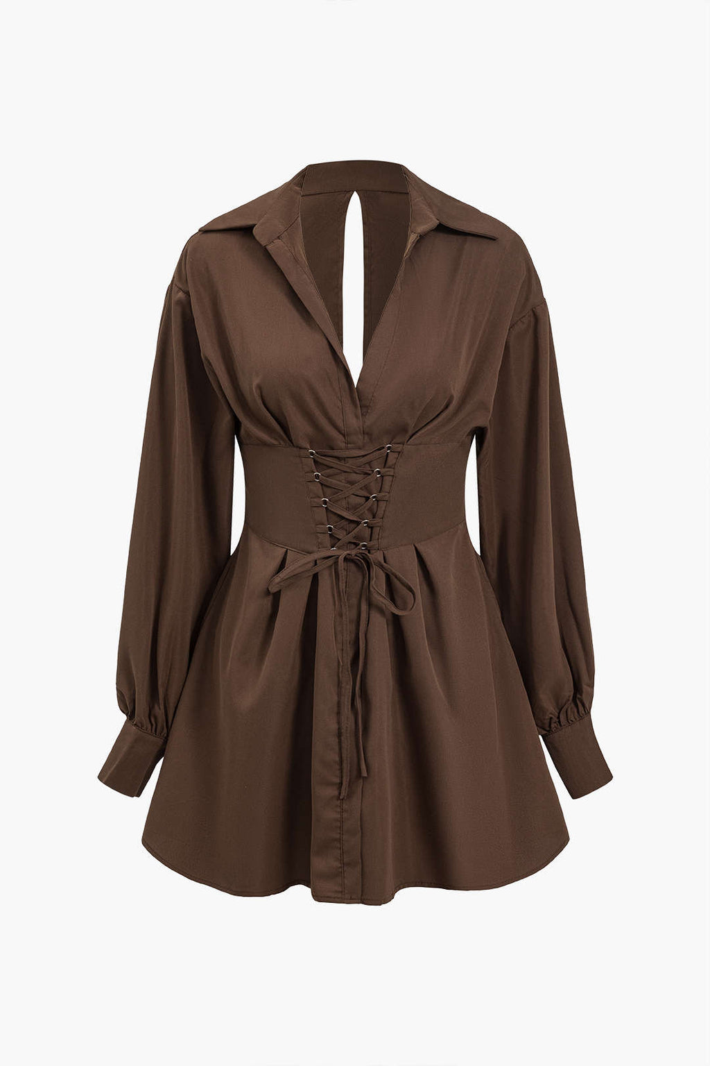 Kesilip Çıkarılmış Bağcıklı Uzun Kollu Mini Elbise