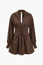 Kesilip Çıkarılmış Bağcıklı Uzun Kollu Mini Elbise