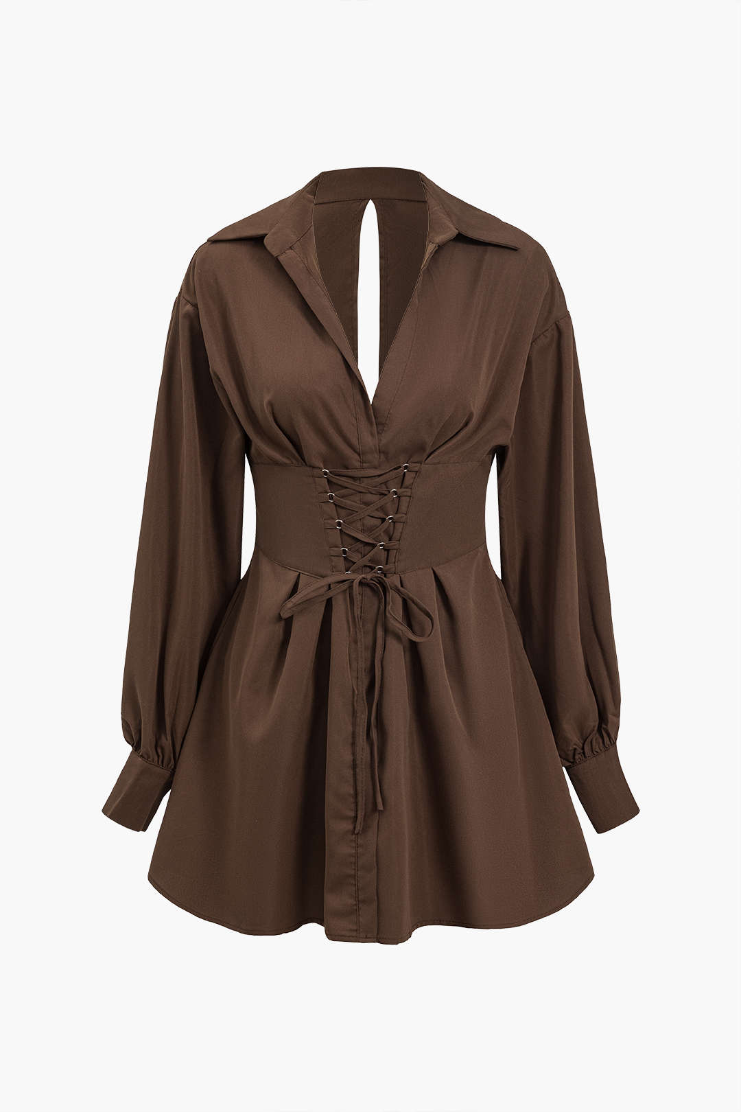 Kesilip Çıkarılmış Bağcıklı Uzun Kollu Mini Elbise