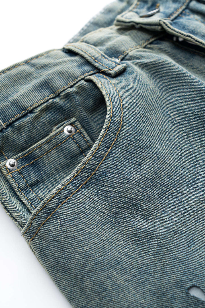 Denim Yama Detaylı File Düğmeli Cep Kesik Detaylı Geniş Paça Jean