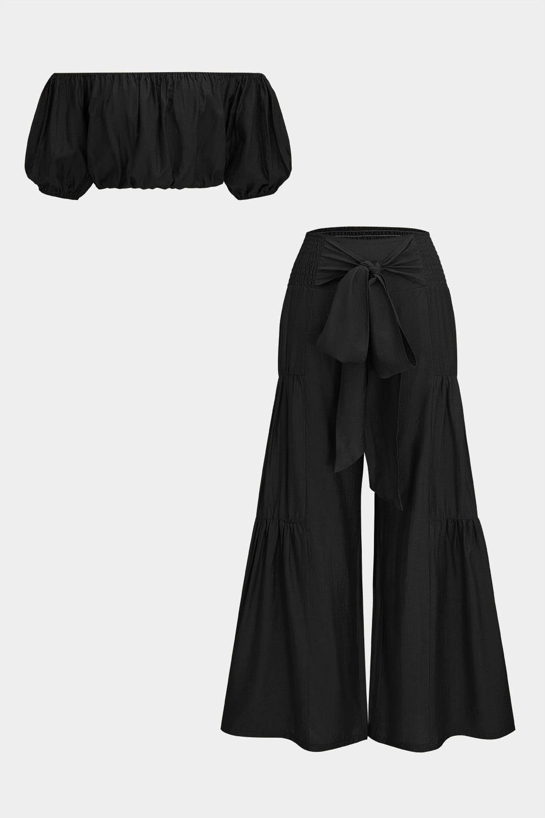 Büzgü Detaylı Kısa Kollu Üst ve Bağlamalı Bol Paça Pantolon Takımı