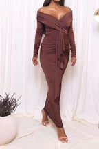 Omuzları Dantelli Drapeli maksi Elbise