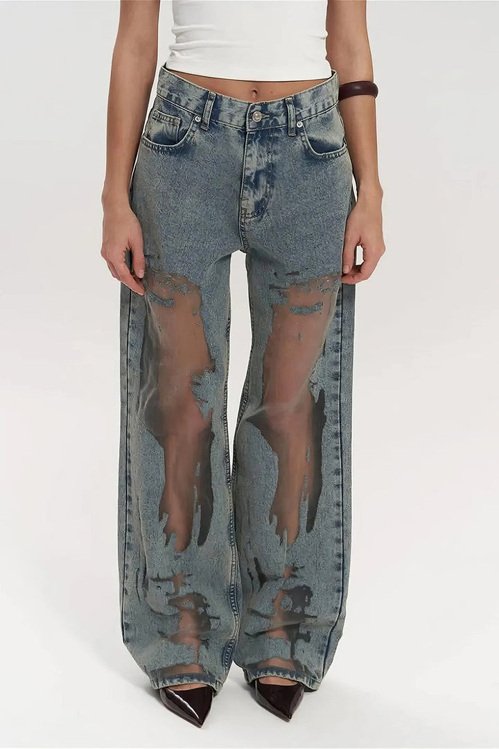 Denim Yama Detaylı File Düğmeli Cep Kesik Detaylı Geniş Paça Jean