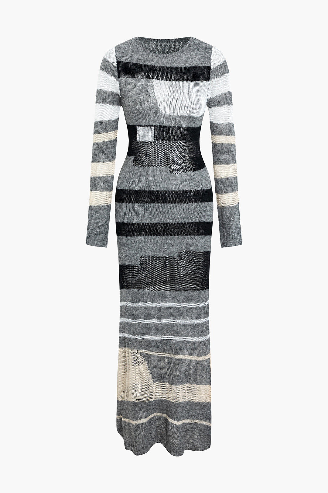 Kontrast Uzun Kollu Yuvarlak Yaka Açık Örgü maksi Elbise